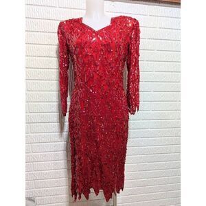 Mark & John by Sam Women's Red Pentagon Neckline Long-Sleeve Silk Beaded Dress S